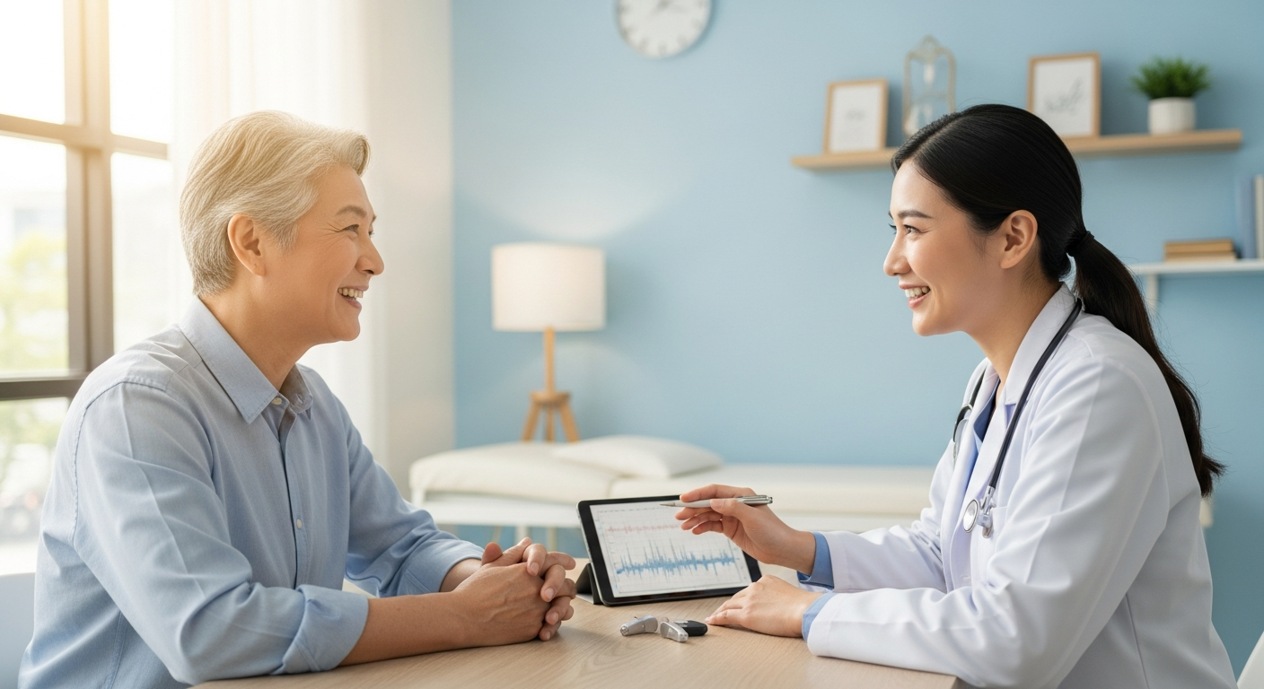 Patient consulting with hearing specialist